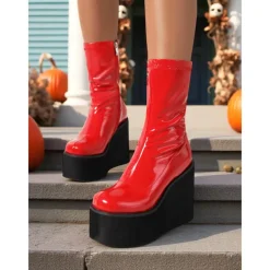 Women's 1980s Red Patent Platform Wedge Go-Go Boots – Retro Shiny Ankle Boots for Parties, Stage Shows, and Halloween Costumes