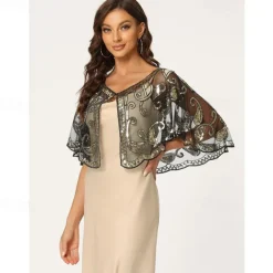 Women's 1920s Shawl Wraps Sequin Beaded Bridal Cover Up Evening Cape Flapper Bolero