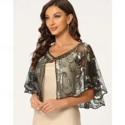 Women's 1920s Shawl Wraps Sequin Beaded Bridal Cover Up Evening Cape Flapper Bolero