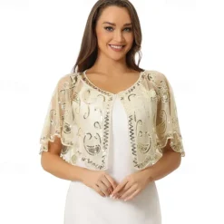 Women's 1920s Shawl Wraps Sequin Beaded Bridal Cover Up Evening Cape Flapper Bolero