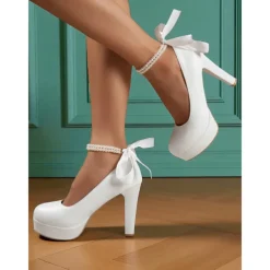 Women's 1950s Victorian-Style Pink Platform Heels - Faux Leather Pumps with Pearl Ankle Strap and Bow Ribbon for Wedding, Prom, and Vintage Tea Party