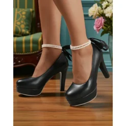 Women's 1950s Victorian-Style Pink Platform Heels - Faux Leather Pumps with Pearl Ankle Strap and Bow Ribbon for Wedding, Prom, and Vintage Tea Party