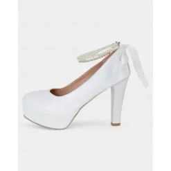 Women's 1950s Victorian-Style Pink Platform Heels - Faux Leather Pumps with Pearl Ankle Strap and Bow Ribbon for Wedding, Prom, and Vintage Tea Party