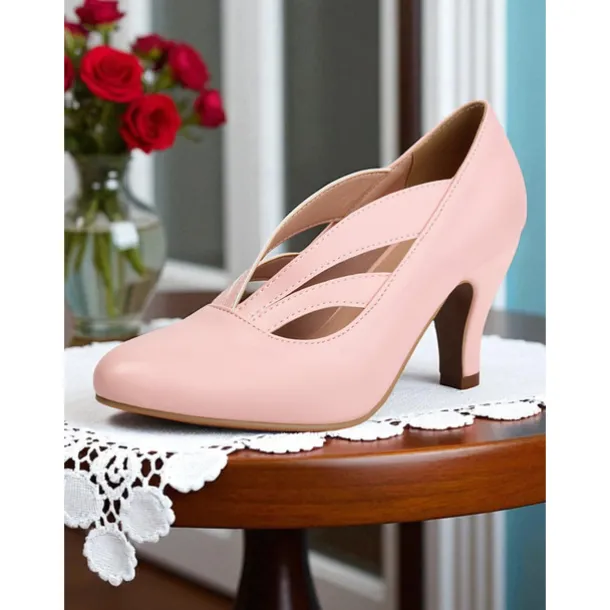 Women's 1930s Vintage Cutout Mid Heel Pumps – Retro Faux Leather Shoes for Swing Dance, Tea Parties & Pin-Up Fashion