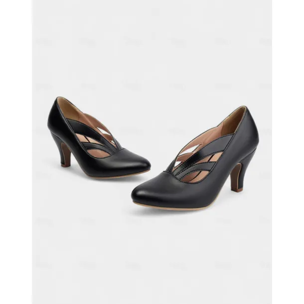 Women's 1930s Vintage Cutout Mid Heel Pumps – Retro Faux Leather Shoes for Swing Dance, Tea Parties & Pin-Up Fashion