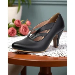 Women's 1930s Vintage Cutout Mid Heel Pumps – Retro Faux Leather Shoes for Swing Dance, Tea Parties & Pin-Up Fashion