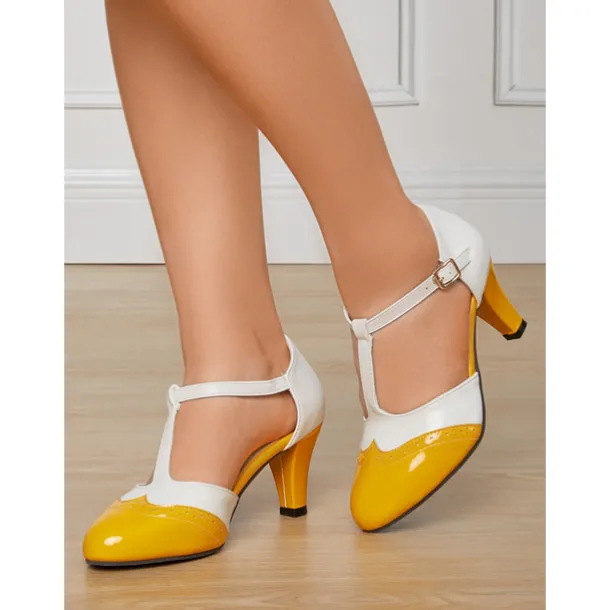 Women's 1950s Vintage T-Strap Mary Jane Heels – Two-Tone Brogue Low Heel Shoes for Retro Parties, Office Wear, and Special Occasions