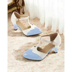 Women's 1950s Vintage T-Strap Mary Jane Heels – Two-Tone Brogue Low Heel Shoes for Retro Parties, Office Wear, and Special Occasions