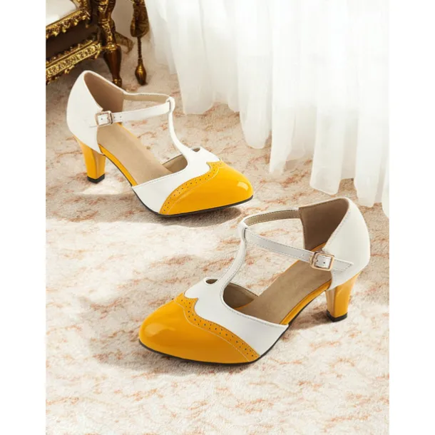 Women's 1950s Vintage T-Strap Mary Jane Heels – Two-Tone Brogue Low Heel Shoes for Retro Parties, Office Wear, and Special Occasions