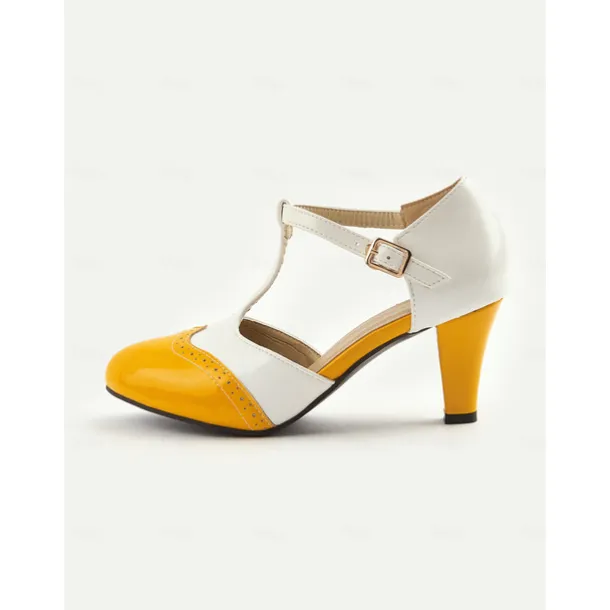 Women's 1950s Vintage T-Strap Mary Jane Heels – Two-Tone Brogue Low Heel Shoes for Retro Parties, Office Wear, and Special Occasions