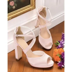 Women's 1950s Vintage Wine Red Chunky High Heel Sandals with Crisscross Straps – Elegant Peep Toe Platform Shoes for Weddings, Parties, and Formal Events