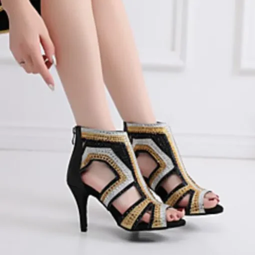 Women's Salsa Shoes Dance Boots Tango Shoes Performance Training Ankle Boots Heel Crystal / Rhinestone Sided Hollow Out Slim High Heel Peep Toe Zipper Lace-up Adults' Black / Gold