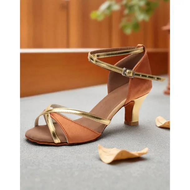 Women's Satin Latin Dance Shoes - Strappy Gold & Orange Professional Ballroom Heels for Salsa, Rumba & Performance Dance