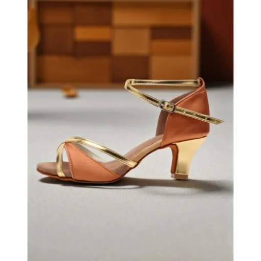 Women's Satin Latin Dance Shoes - Strappy Gold & Orange Professional Ballroom Heels for Salsa, Rumba & Performance Dance