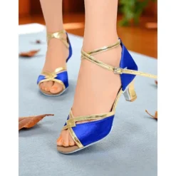Women's Satin Latin Dance Shoes - Strappy Gold & Orange Professional Ballroom Heels for Salsa, Rumba & Performance Dance