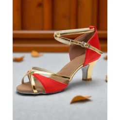 Women's Satin Latin Dance Shoes - Strappy Gold & Orange Professional Ballroom Heels for Salsa, Rumba & Performance Dance