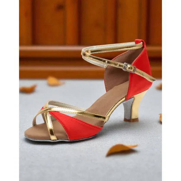 Women's Satin Latin Dance Shoes - Strappy Gold & Orange Professional Ballroom Heels for Salsa, Rumba & Performance Dance