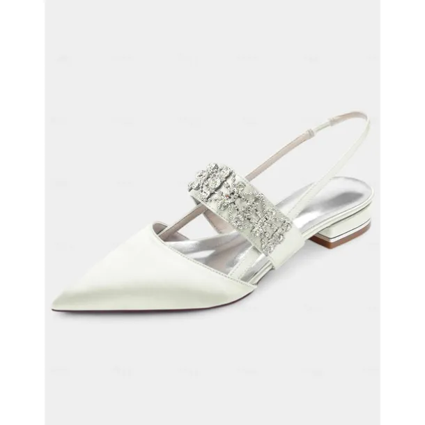 Women's Satin Slingback Flats with Rhinestone Embellished Straps – Elegant Pointed-Toe Low-Heel Shoes for Formal Events