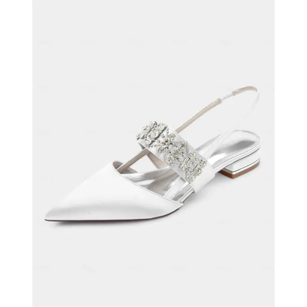 Women's Satin Slingback Flats with Rhinestone Embellished Straps – Elegant Pointed-Toe Low-Heel Shoes for Formal Events