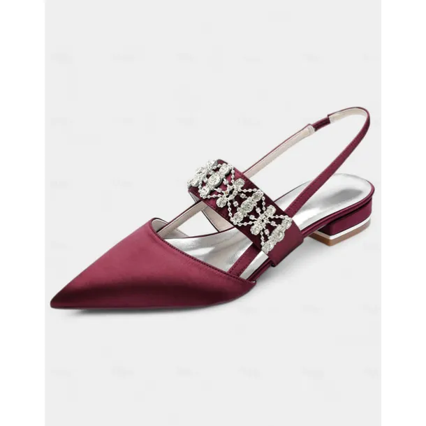 Women's Satin Slingback Flats with Rhinestone Embellished Straps – Elegant Pointed-Toe Low-Heel Shoes for Formal Events