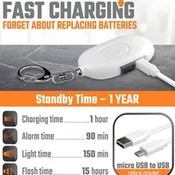 Women's Self Defense Personal Alarm Key Fob USB Rechargeable 130 dB Loud Security Alarm Whistle with LED Light Panic Button or Pull Pin Alarm Device Key Fob