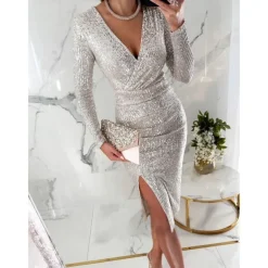 Women's Sequin Dress Midi Dress Sequins Split Casual V Neck Long Sleeve Silver Black Wine Color