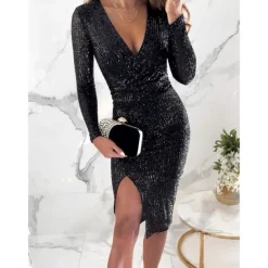 Women's Sequin Dress Midi Dress Sequins Split Casual V Neck Long Sleeve Silver Black Wine Color