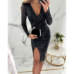 Women's Sequin Dress Midi Dress Sequins Split Casual V Neck Long Sleeve Silver Black Wine Color
