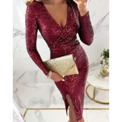 Women's Sequin Dress Midi Dress Sequins Split Casual V Neck Long Sleeve Silver Black Wine Color