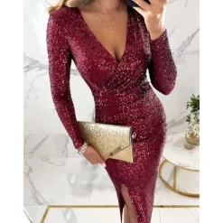 Women's Sequin Dress Midi Dress Sequins Split Casual V Neck Long Sleeve Silver Black Wine Color