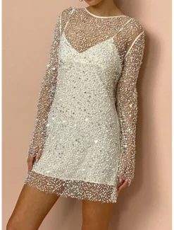 Women's Sequins Vintage Dress Mini Dress Polka Dot V Neck Long Sleeve Fall Winter White