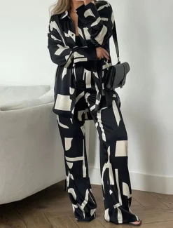 Women's Sets Print Casual Comfort Daily Breathable Lapel Long Sleeve Shirt Pant Button Spring Fall Home Outfits