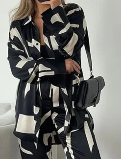 Women's Sets Print Casual Comfort Daily Breathable Lapel Long Sleeve Shirt Pant Button Spring Fall Home Outfits