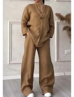 Women's Sets Pure Color Casual Comfort Home Daily Breathable Shirt Pant Summer Spring Home Outfits