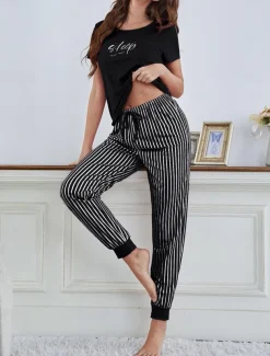 Women's Sets Stripe Letter Fashion Comfort Home Daily Breathable Crew Neck Short Sleeve T shirt Tee Pant Summer Spring Home Outfits