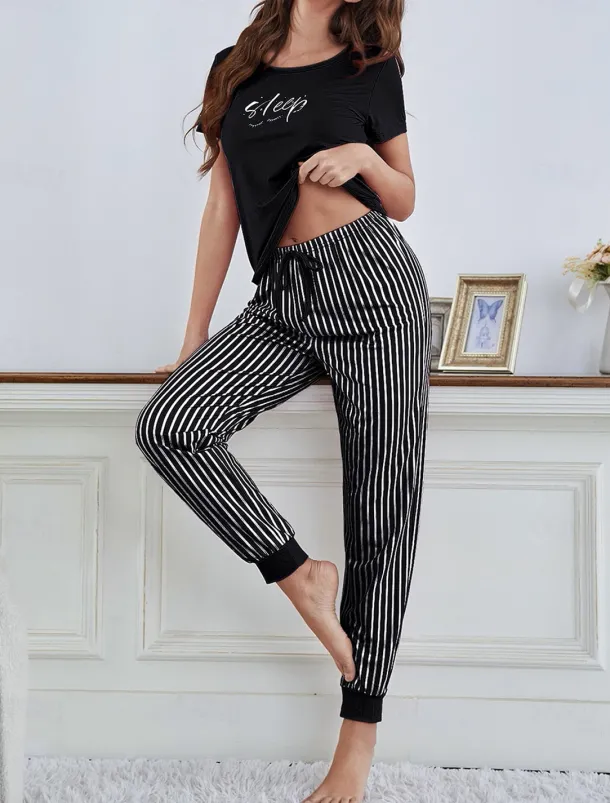 Women's Sets Stripe Letter Fashion Comfort Home Daily Breathable Crew Neck Short Sleeve T shirt Tee Pant Summer Spring Home Outfits