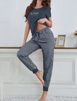 Women's Sets Stripe Letter Fashion Comfort Home Daily Breathable Crew Neck Short Sleeve T shirt Tee Pant Summer Spring Home Outfits