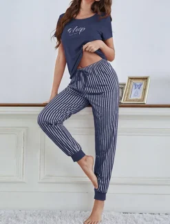 Women's Sets Stripe Letter Fashion Comfort Home Daily Breathable Crew Neck Short Sleeve T shirt Tee Pant Summer Spring Home Outfits
