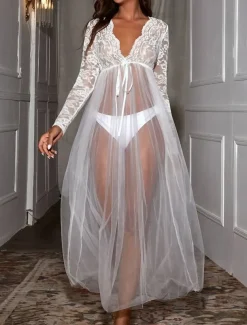 Women's Sexy Lingerie Chemises & Negligees Pure Color See Through Sweet Home Beach V Wire Long Sleeve Transparent Summer Spring Home Outfits