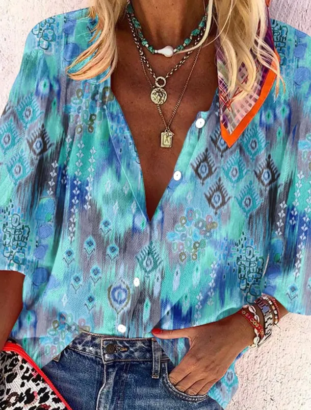 Women's Shirt Basic Buttons Print Long Sleeve Regular Tops Casual Pink Blue Green Spring Fall