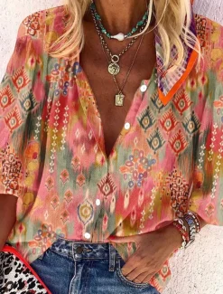 Women's Shirt Basic Buttons Print Long Sleeve Regular Tops Casual Pink Blue Green Spring Fall