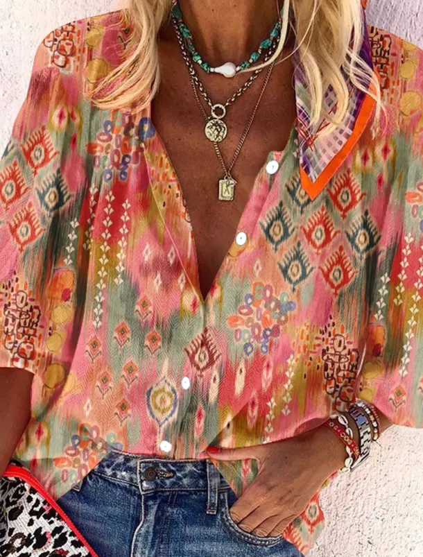 Women's Shirt Basic Buttons Print Long Sleeve Regular Tops Casual Pink Blue Green Spring Fall