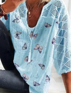 Women's Shirt Blouse Butterfly Daily Basic 3/4 Length Sleeve V Neck Regular Tops Daily Patchwork Print White Yellow Blue Summer Spring