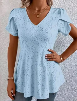 Women's Shirt Blouse Casual Cut Out Short Sleeve Regular Tops V Neck Daily White Blue Purple Green Summer