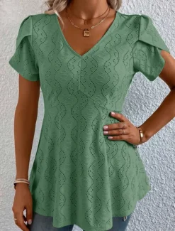 Women's Shirt Blouse Casual Cut Out Short Sleeve Regular Tops V Neck Daily White Blue Purple Green Summer