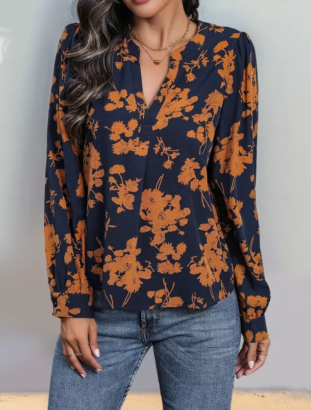 Women's Shirt Blouse Casual Floral Print Long Sleeve Regular Tops V Neck Vacation Daily Navy Blue Spring & Summer