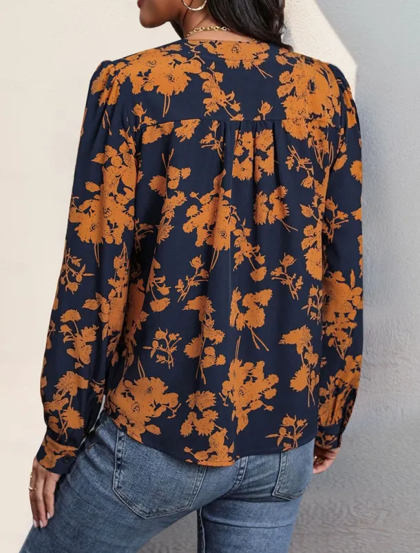 Women's Shirt Blouse Casual Floral Print Long Sleeve Regular Tops V Neck Vacation Daily Navy Blue Spring & Summer