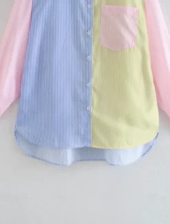 Women's Shirt Blouse Casual Color Block Striped Buttons Pocket Print Long Sleeve Regular Tops Shirt Collar Daily Pink Blue Spring & Summer