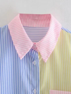 Women's Shirt Blouse Casual Color Block Striped Buttons Pocket Print Long Sleeve Regular Tops Shirt Collar Daily Pink Blue Spring & Summer