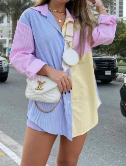 Women's Shirt Blouse Casual Color Block Striped Buttons Pocket Print Long Sleeve Regular Tops Shirt Collar Daily Pink Blue Spring & Summer